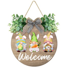 Easter Front Door Decorations Wooden Hanging Decor for Home, Happy Easter Gnome Egg Bunny Decoration Rustic Easter Welcome Sign for Door Hanger Spring Wreath for Farmhouse Window (02)