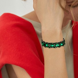 Ever Faith Women's Austrian Crystal Wedding Bridal Floral Tear Drop Elastic Stretch Bracelet Green Black-Tone