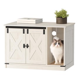 Hzuaneri Cat Litter Box Enclosure, Hidden Litter Box Cabinet Furniture with Cat Bell, Indoor Cat House, Farmhouse Style, 31.5 x 19.7 x 20.9Inches, for Hallway, Bedroom, White CB82414B
