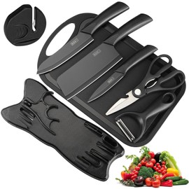JASUVII Juego De Cuchillos De Cocina Multifuncional, Juego de Cuchillos de Cocina 8 Piezas, Cuchillo de Acero Inoxidable Conjunto, Viene con base, tabla de cortar y afilador de cuchillos.
