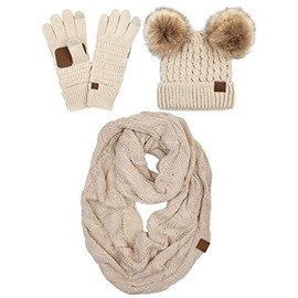 3 Pack Double Pom Faux Fur Beanie, Scarf & Gloves - Beige (Natural Faux Fur)