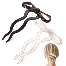 minkissy 2Pcs French Hair Pins for Women Styling U Shaped Hair Forks for Thick Long Hair Bun Acetate Bow Twist Hair Sticks for Buns Decoration Hair Accessories