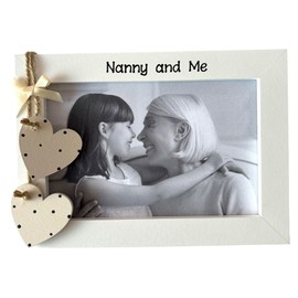 Handcrafted Nanny and Me Photo Frame Birthday Gift, 6x4 inches Landscape, White, Wooden Cream Hanging Hearts