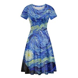 HUGS IDEA Round Neck Casual Swing Dress for Women Van Gogh Starry Night Sky Summer Short Sleeve Loose Fit A-Line Dresses