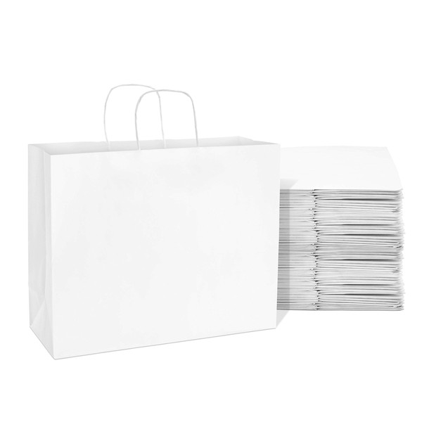 White Paper Bags - 16x6x12 Inch 100 Pack White Paper Bags with Handles, White Bags, Large Paper Bags, Small Business, Retail, Boutique Shopping & Merchandise, Party Favor Bags, Gift Wrap Bag, in Bulk
