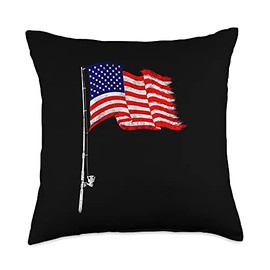 Funny American Flag Fishing Gift For Men Women Cool Fish Rod Throw Pillow