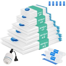 16 Piezas Bolsas de Almacenamiento al Vacío,Bolsas de Vacio con Bomba Eléctrica,Vacuum Storage Bags, Reutilizables Bolsas de Compresión de Ahorro de Espacio para Ropa, Almohadas y Edredones (16 Azul)