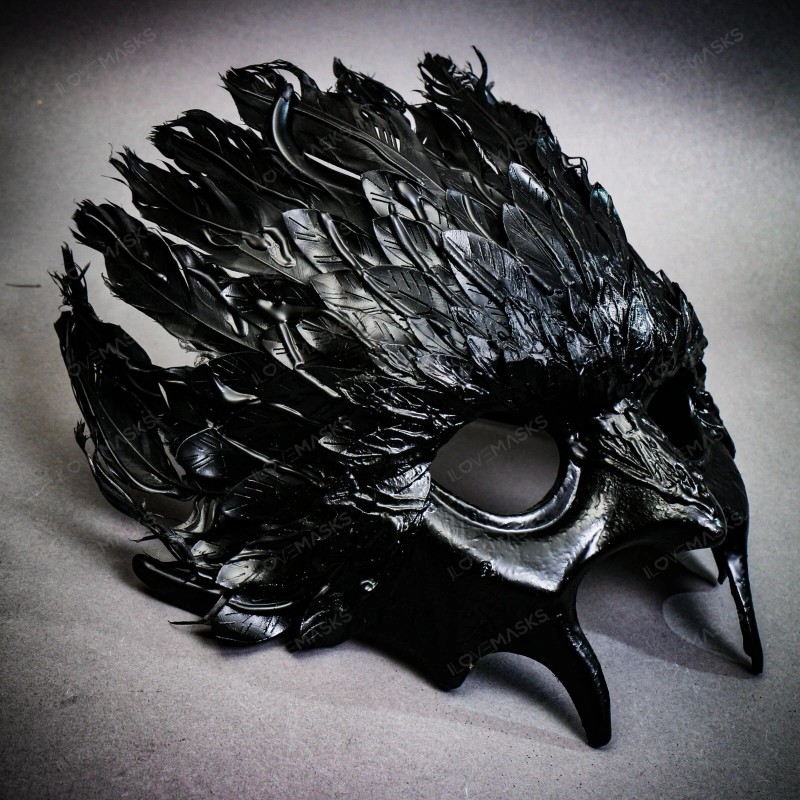 Masquerade Dark Raven Demon Masquerade Mask with Black Feather Crown