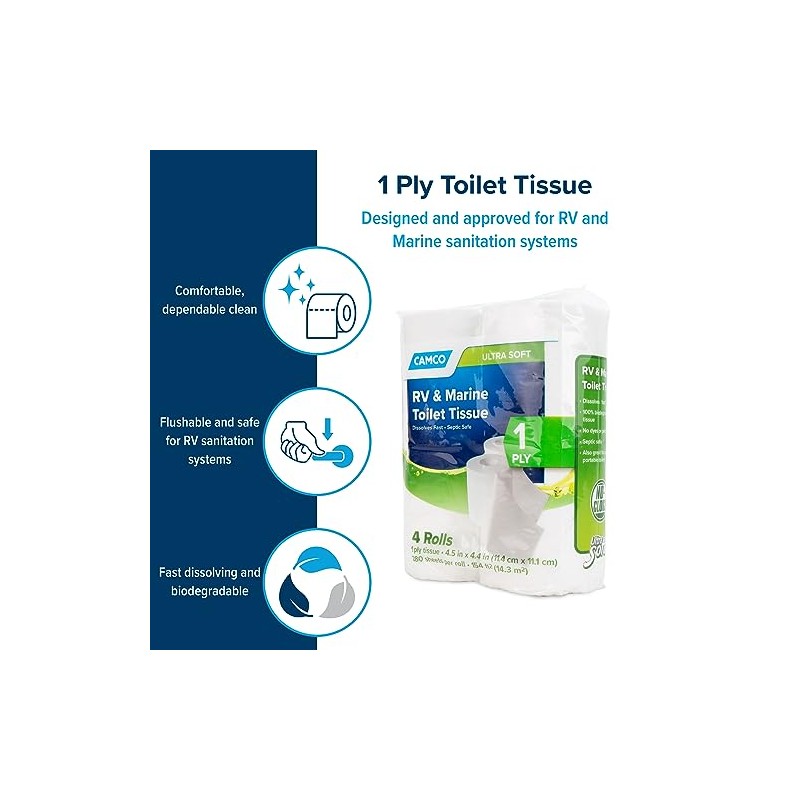 Camco 40276 Toilet Tissue, 1 Pack of 4 Rolls, White