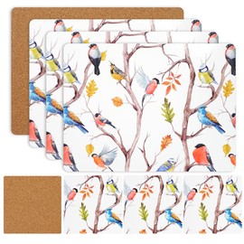 Placemats Coasters Set 8 Heat Resistant Waterproof Non-Slip Cork Table Mats Dining Kitchen Indoor Outdoor Easy to Clean Wipeable Place Mats 21.5 x 29cm Coasters 10x10cm (Spring Birds)