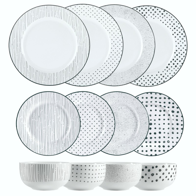H2K Dinnerware Dinnerset 12PC Black White Sketch