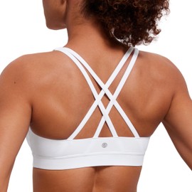 CRZ YOGA Women’s Yoga / Sports Bra with Crossed Straps and Removable Padding - White logo Plain, size: s