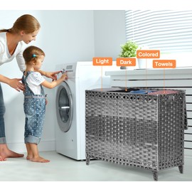 Laundry Hamper with 4 Removable Liner Bags; 176L Handwoven Rattan Laundry Basket with Lid & Heightened Feet; Clothes Hamper with Side Handles(Gray)