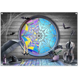 Yriujul Fabric 7x5ft Halloween Spider Web Window Photography Backdrop Horror Gothic Moon Night Bats Wooden Floor Background Kids Boys Girls Party Decorations Photo Props
