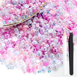 100g Mix Flatback Pearls and Rhinestones for Crafting,Pink Purple White 3-10mm Resin Rhinestones and Half Pearls for Bedazzling, Nail Art Face Makeup Craft DIY, Tweezer and Pickup Pencil