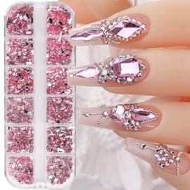 12 Grids Pink Multi Shapes Nail Charms Bow Knot Nail Rhinestones Love Water Drop Design Nail Art Charms Acrylic Nail Art Accessories Crystal Flatback Shiny Nail DIY Decoration Women