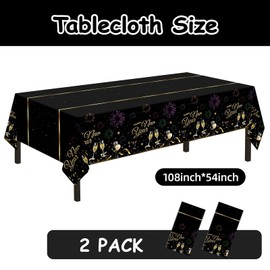 2 Pack New Years Tablecloths,Plastic Table Cloths Disposable,54 x 108 Inch,Black and Gold Tablecloths for Rectangular,New Years Decorations,New Years Eve Party Supplies,2025 Happy Nye Party Supplies