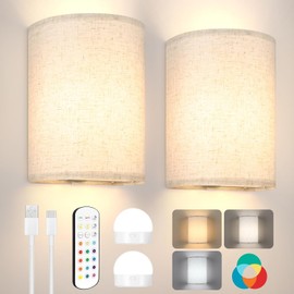 Battery Operated Wall Sconces Set of 2,Rechargeable Wall Lights with Remote Control,15 RGB Colors Dimmable Wall Light with fabric shades,Magnetic Wall Lamp Fixtures for Bedroom Living Room Hallway