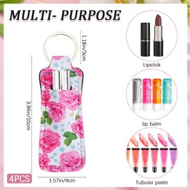 CRASPIRE 4Pcs Flower Lip Balm Holder Chapstick Pouch Keychain Bulk Colorful Floral Rectangle Neoprene Printed Rubber Lip Gloss Clip Lipstick Sleeve Case Holders for Women Travel Makeup Storage Bag