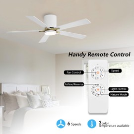 WINGBO 48" DC Flush Mount Ceiling Fan with Lights, 5 Plywood Blades, 6-Speed Reversible DC Motor, 3CCT, Low Profile Hugger Ceiling Fan for Living Room Bedroom Kitchen, White and Brass