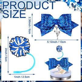 RimCereal 36 Pcs Cheerleading Tumbler Accessories, 12 Pcs 10 mm Straw Cover Straw Toppers, 12 Glitter Bows and 12 Cheerleaders Pendants Charms for Tumblers decor Cheerleading Gifts(Blue)