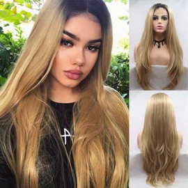 Melody U Part Lace Wig With Dark Roots Blonde Long Straight Gold Synthetic Lace Wigs For Women Hair Heat Resistant Fiber Hair Wig Cosplay Wigs 24 Inch …