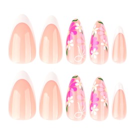 Flower Press on Nails Medium Almond White French Tip Nails Spring Fake Nails with Pink Daisy Designs Cute False Nails French Acrylic Nails Full Cover Glue on Nails Floral Bow Stick on Nails for Women