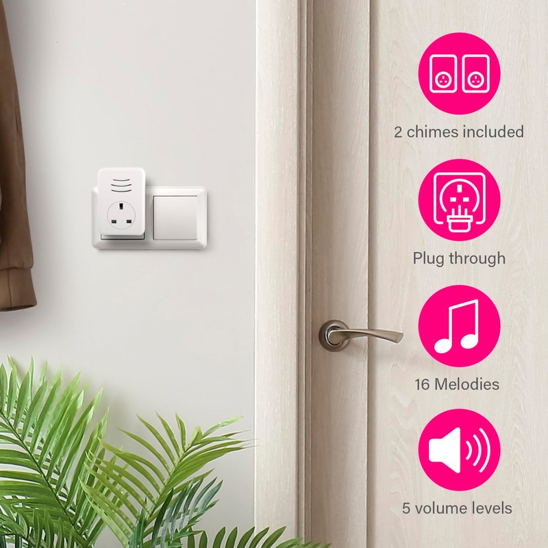 Byron Wireless Doorbell Set, 2 x Plug-Through Chimes, 150m Range,