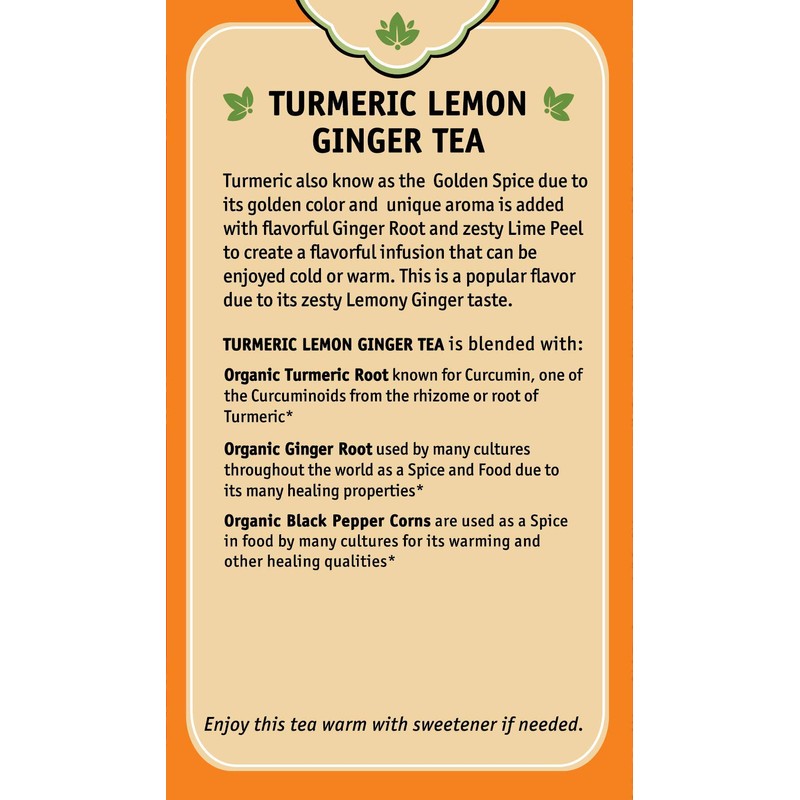 Herbal Cup Ayurveda Turmeric Tea, Organic Lemon Ginger, No Caffeine