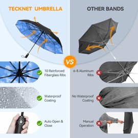 TECKNET Windproof Umbrella for Rain, Automatic Large Pocket Umbrella with 10 Ribs, 104 cm Windproof Umbrella, Foldable Compact Travel Golf Umbrella for Men and Women, Sky