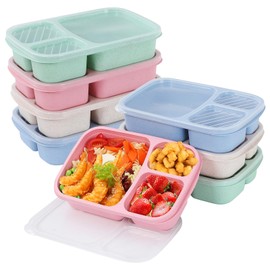 buluker 8 Pack Bento Lunch Box Set 3 Compartment Wheat Straw Meal Prep Food Storage Containers Plastic, Microwave and Dishwasher Safe(8 Pack（3 Compartment)