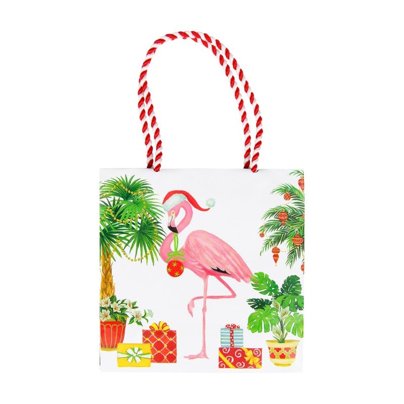 Caspari Christmas Flamingos Small Square Gift Bag, 2 Count