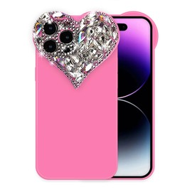 IAIYOXI Cute 3D Glitter 14 Plus Case, Sparkling Aesthetic Heart Gems Bling Case, Pretty Shine Colorful Diamond Soft TPU Bumper Case for Women Girl-Rose