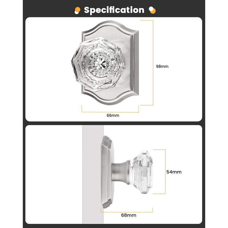 Satin Nickel Dummy Crystal Door Knob, Single Side No-Turning Glass