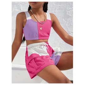 Floerns Girl's 2 Piece Colorblock Crop Tank Top Drawstring Waist Track Shorts Set Pink Multi 12Y