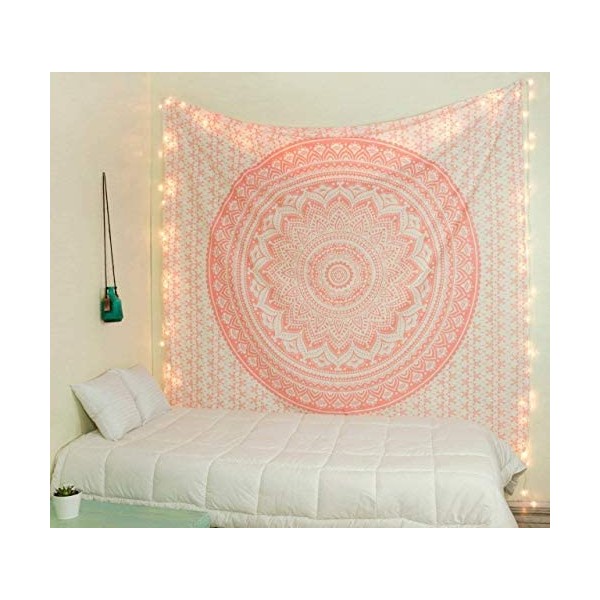 Bless International Indian Traditional Mandala Hippie Wall Hanging, Cotton Tapestry Ombre Bohemian Bedspread (Twin (54x72 Inches)(140x185 Cm), Rose Gold)