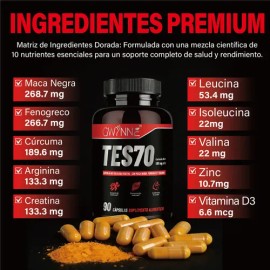 Gwynne Tes70 560mg Con Maca Negra,fenogreco,creatina Y Cúrcuma,aumento De Resistencia, Recuperación Muscular Y Crecimiento Muscular,90 Cápsulas