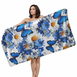 GAIIIIYOU Blue Wildflowers Butterfly Bath Towel - Daisy Floral Beach Towels Microfiber Coral Velvet Towel for Bathroom Swimming Pool