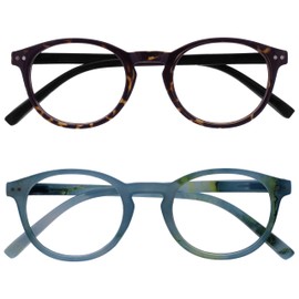Opulize Zen MM24-2Q 2.50 Long Distance Glasses, Pack of 2, Myopia, Small, Round Frame, Spring Hinges, Scratch-Resistant, Dark Brown, Turquoise