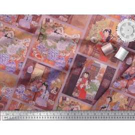 Soimoi Orange Silk Fabric Flower Vase,Cat & Girl Patchwork Print Fabric by The Yard 42 Inch Wide