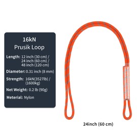 NewDoar 8mm (5/16") Prusik Cord Pre-Sewn, 16KN(3527 lb)(1600KG) Nylon Prusik Loop, 3 Sizes Multipurpose Rope for Outdoor Climbing Arborist Rescue Mountaineering Rope（24in/60cm/1pcs）