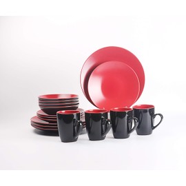 HomeVss Stoneware Two-Tone Colors Life 16pc Dinner Set， Outside Shiny Black + Inside Matee Glaze Red