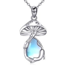 YAFEINI Mushroom Necklace Moonstone/Moss Agate/Malachite/Labradorite/Turquoise/Amber/Larimar/Black Onyx/Lapis Lazuli/Peridot/Opal Sterling Silver Mushroom Pendant Mother's Day Jewelry Mothers Day for Women Mom (Cat)
