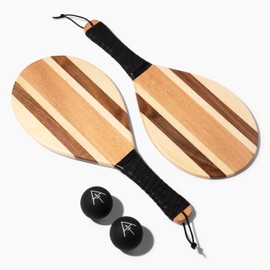 Brazilian Frescobol Paddle Set – 2 Natural Wood Beach Paddles + 2 Balls – Handcrafted Paddle Ball Game (Beach Stripes)