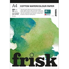 Frisk Watercolour Paper Pad 300gsm 100% Cotton Cold Pressed/Not 12sheets A4, White (23195004)