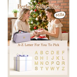 VFMBL Initial Makeup Bag for Bridesmaid, Large Capacity Letter Pouch with Zipper, Open Flat Travel Makeup Organizer Bag for Women Female, Gifts for Bridesmaid Flower Girl, Thank You Gift