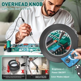 KMDES 12X Magnifying Glass with Light and Stand, Upgraded Any Color Modes & Stepless Dimming Magnifying Lamp with Clamp, Adjustable Long Arm LED Lighted Magnifier for Craft Repair Workbench-Blue