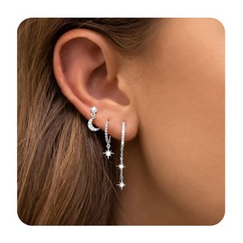 Goiern Earrings Set of 3 Pairs Silver Moon and Stars Cubic Zirconia Earrings Hoop Earrings with Pendant Minimalist Earings, silver