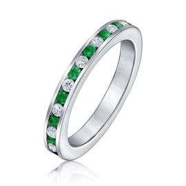 Green White Alternating Stackable CZ Channel Set Eternity Band Ring Simulated Emerald For Women For Teen Sterling Silver