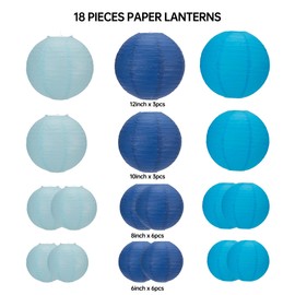 BESKIT Paper Lanterns 18 PCS Round Hanging Paper Lanterns Decorations for Wedding Baby Shower Birthday Party Anniversary Decorations (Deep Blue/Sky Blue/Light Blue)
